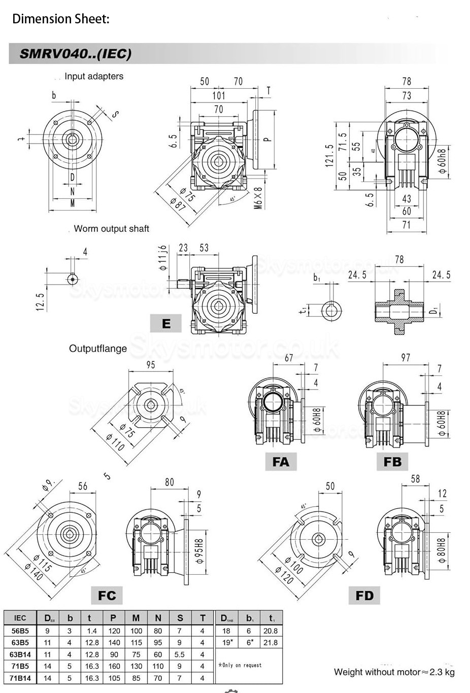 RV040 71B14/71B5 Round Worm Gear Reducer Gearbox Ratio 5:1 10:1 20:1 30:1 40:1 Input 14mm 